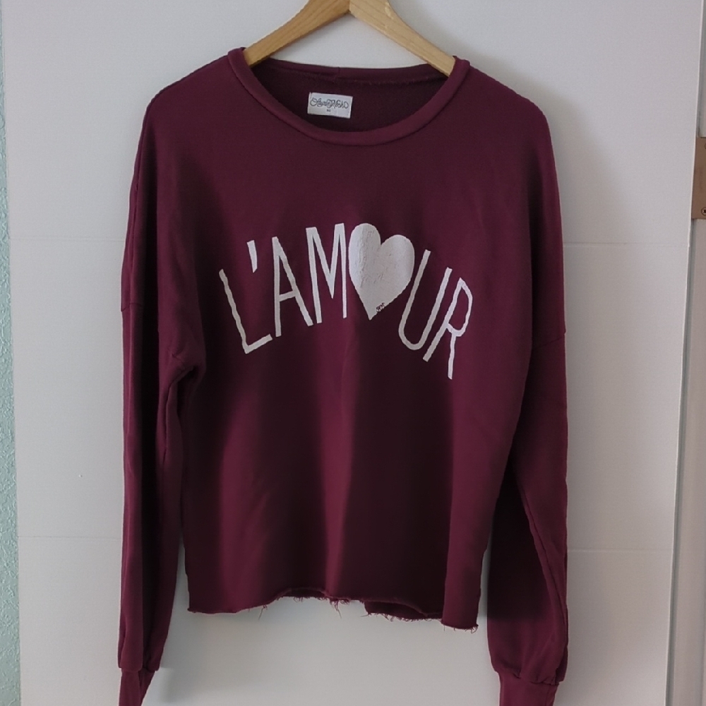 Lauren Moshi L'AMOUR Burgundy Raw Hem Long Sleeve Sweatshirt Sz XS